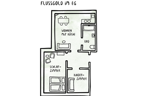 Grundriss der Ferienwohnung Flussgold im Erdgeschoss von Gut Alt Necheln